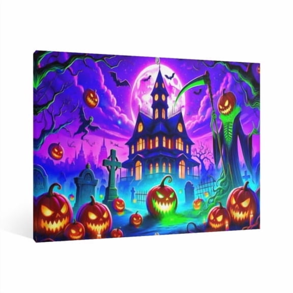 Vintage Halloween Skull Pumpkin Canvas Wall Art Painting, Retro Horror Creepy Dark Poster,Gothic Artwork Picture Print Decor, Spooky Ghost Wall Decor for Bar Living Room Bedroom Party Framed 