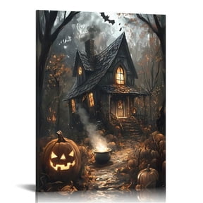 Vintage Halloween Southern Lights and Magic Hut Canvas Wall Art Painting ，Gothic Print Pictures for Home Wall Decor  Horror  Creepy Dark Posters for Living Room Bar Home Halloween Party Decor Framed