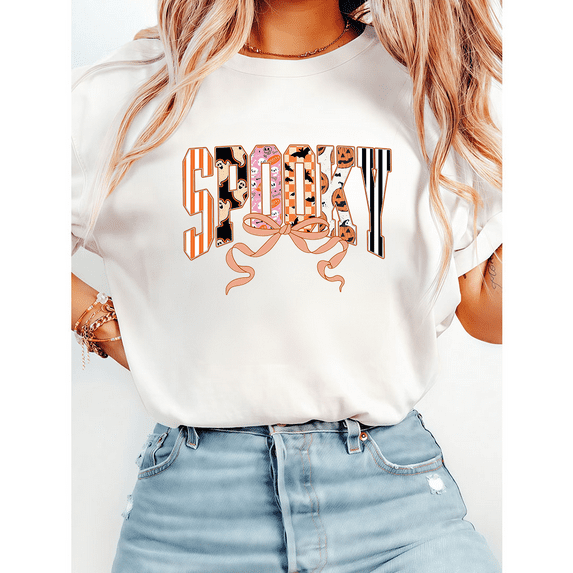 Vintage Halloween Spooky Print T-shirts Leopard Checkered Letter Graphic Tees Short Sleeve Casual Tops Cotton Shirts for Daily Outfits White,M