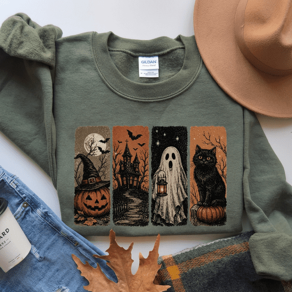 Vintage Halloween Spooky Sweatshirt, Black Cat and Pumpkin Sweatshirt For Fall