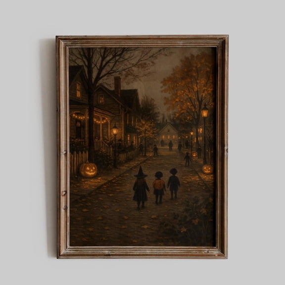 Vintage Halloween Street Scene Wall Art Print, Rustic Pumpkin Fall Decor