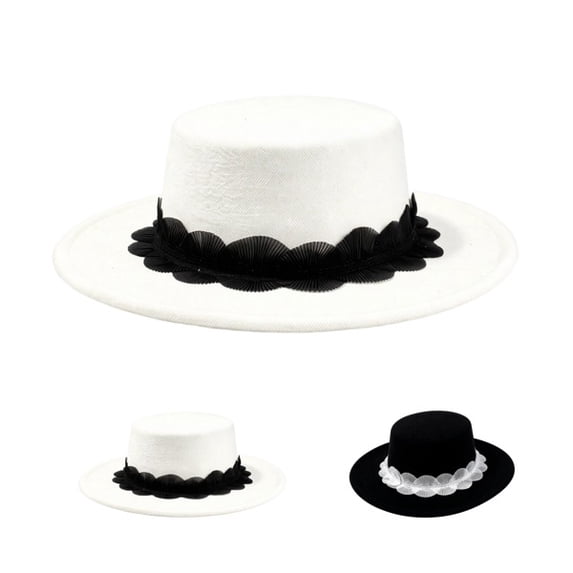 Vintage Halloween Style Flat Top Wide Brim Hat With Elegant Lace Trim, Soft Felt Fashion Hat, Chic Headwear Accessory For Dinner Party, Photoshoot, Holiday Gathering And Formal Occasions White