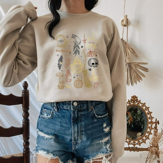 Vintage Halloween Sweatshirt with Grimoire Pages Healing Crystals and Tarot Deck, Witchy Sweater with Wicca Aesthetic Wiccan Witchcraft Gift