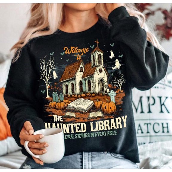 Vintage Halloween Sweatshirt with Haunted Library, Bats, Ghosts, Spooky Season Vibes, Retro Fall Shirt, Halloween Pumpkin Sweatshirt BO120620
