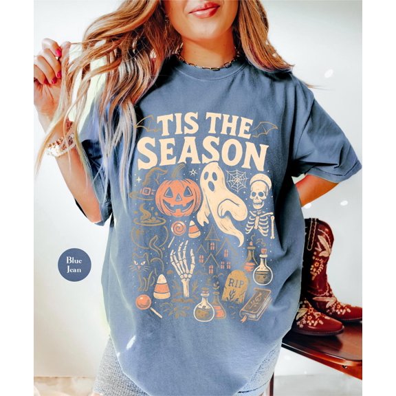 Vintage Halloween T-Shirt – Comfort Colors Retro Skeleton and Pumpkin Tee for Women