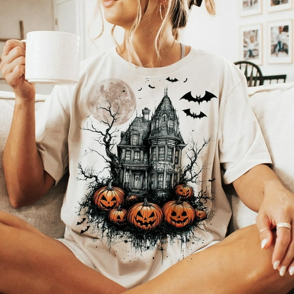 Vintage Halloween T-Shirt, Retro Halloween Scene Tee with Bats and Pumpkin, Spooky Season Shirt