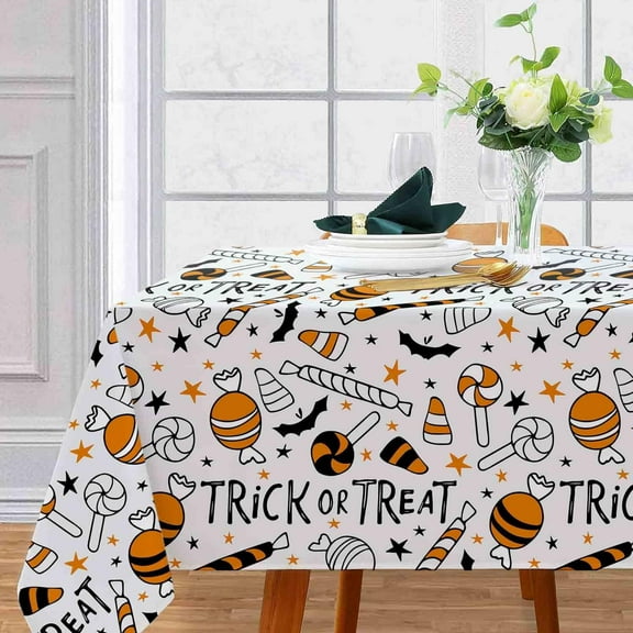 Vintage Halloween Tablecloth Trick or Treat Trick or Treat Candy Bat Fabric Table Cloth Washable Table Cover for Picnic Home Kitchen Party Dining Table Decor, 60 x 102 Inch
