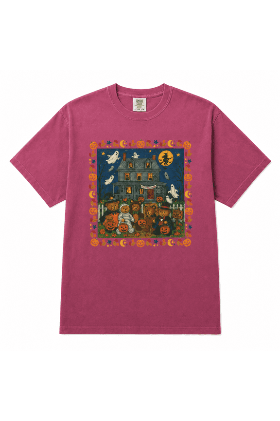 Vintage Halloween Teddy Bear Trick or Treat Graphic T-Shirt, Haunted House Ghost Pumpkin Costume Design Tee for Adults