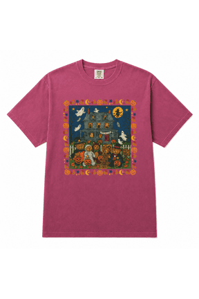 Vintage Halloween Teddy Bear Trick or Treat Graphic T-Shirt, Haunted House Ghost Pumpkin Costume Design Tee for Adults