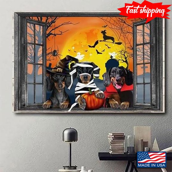 Vintage Halloween Theme Window Frame With Dachshund Dogs 16 x 24 Inch Poster