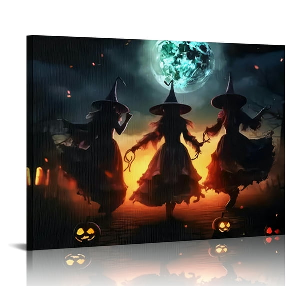 Vintage Halloween Three witches Canvas Wall Art Painting ,Gothic Print Pictures for Home Wall Decor Retro Horror Creepy Dark Posters for Living Room Bedroom Bar Home Halloween Party Decor Framed