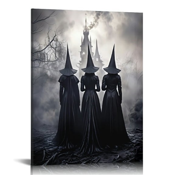 Vintage Halloween Three witches Canvas Wall Art Painting ,Gothic Print Pictures for Home Wall Decor Retro Horror Creepy Dark Posters for Living Room Bedroom Bar Home Halloween Party Decor Framed 