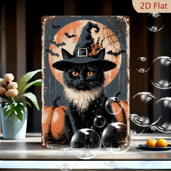 Vintage Halloween Tin Sign 8x12 Inches, Spooky Black Cat with Witch Hat and Spider on Full Moon Background, Rustic Wall Art Decor for Home Office