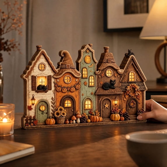 Vintage Halloween Town Wooden Tabletop Decoration Multi Ghost House Design with Black Cat Pumpkin Mushroom for Shelf and Table Styling
