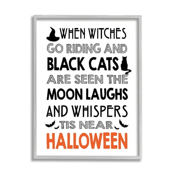 Vintage Halloween Typography Black Bats & Cat Motif Inspirational Graphic Art Framed Art Print Wall Art