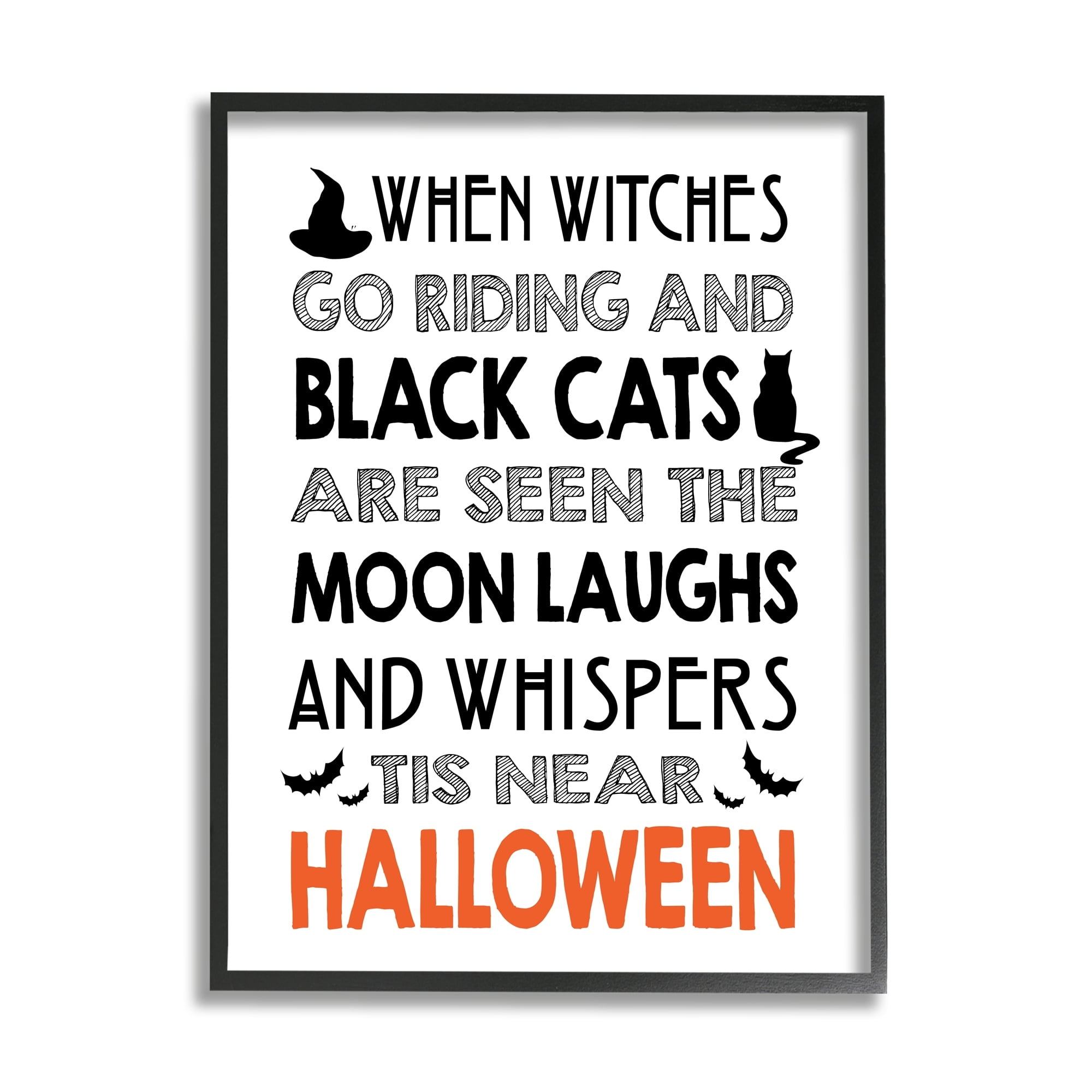 Vintage Halloween Typography Black Bats & Cat Motif Inspirational Graphic Art Framed Art Print Wall Art