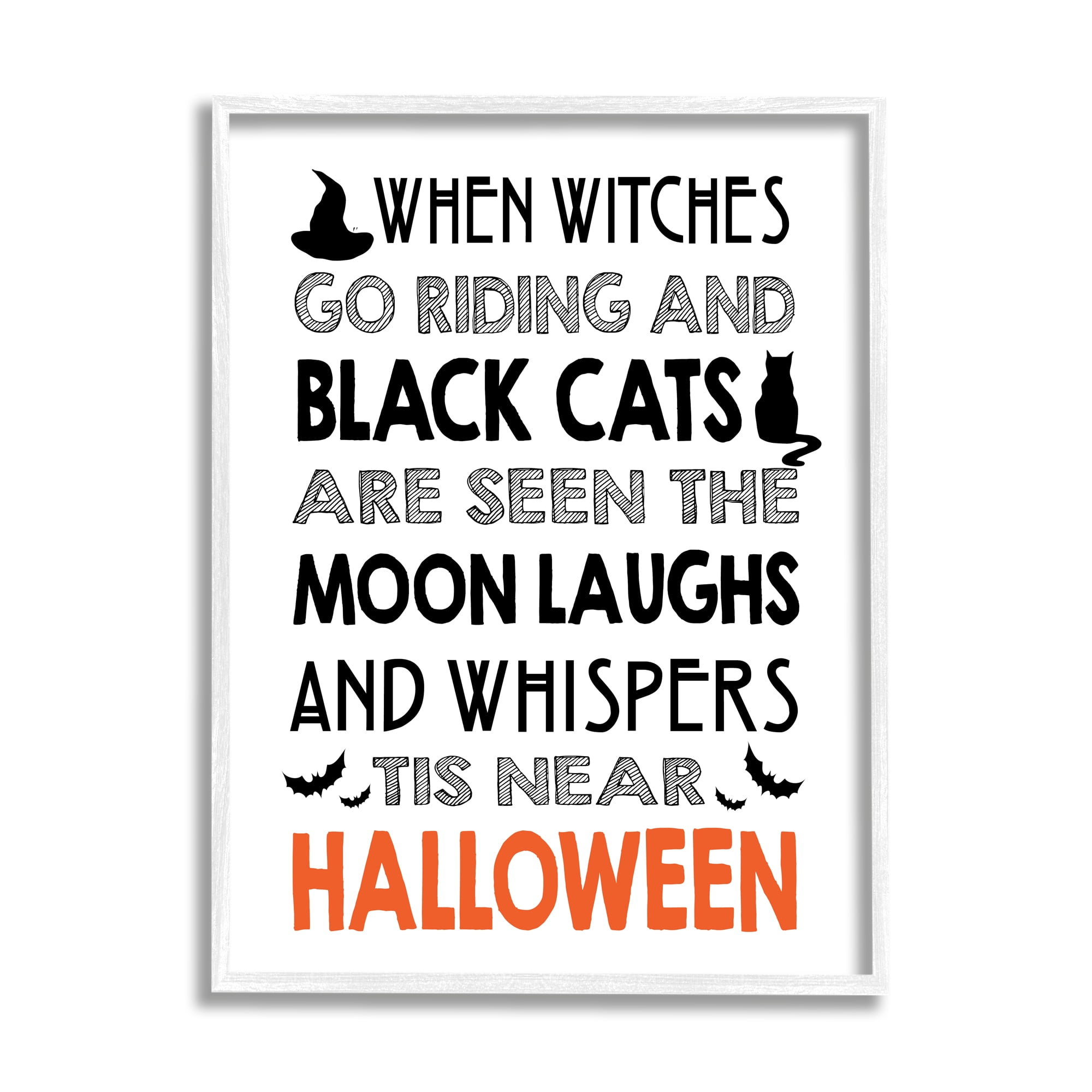 Vintage Halloween Typography Black Bats & Cat Motif Inspirational Graphic Art Framed Art Print Wall Art