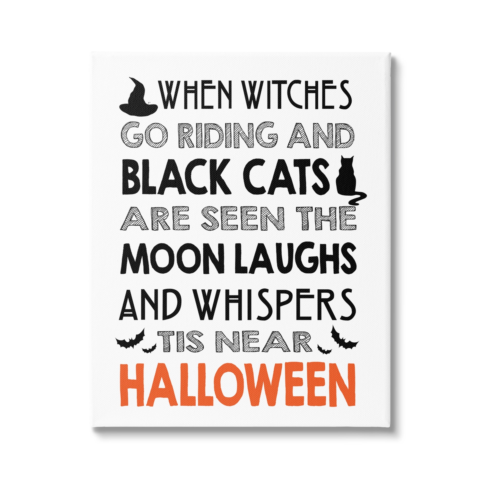 Vintage Halloween Typography Black Bats & Cat Motif Inspirational Graphic Art Gallery-Wrapped Canvas Print Wall Art