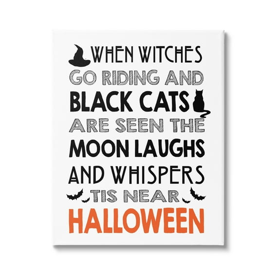 Vintage Halloween Typography Black Bats & Cat Motif Inspirational Graphic Art Gallery-Wrapped Canvas Print Wall Art