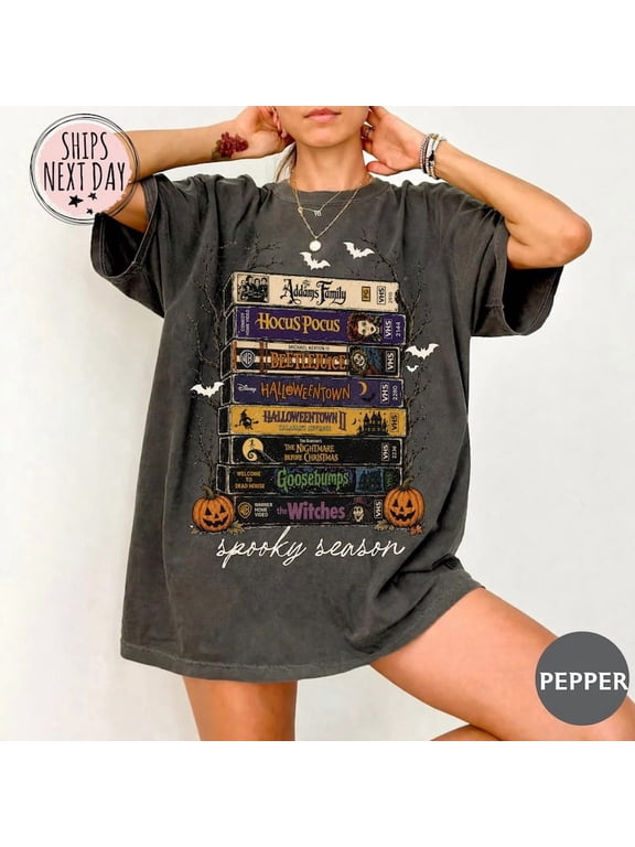 Vintage Halloween VHS Stack Tee – Retro Spooky Season Shirt, Horror Movie Lover Gift, 90s Nostalgia T-Shirt
