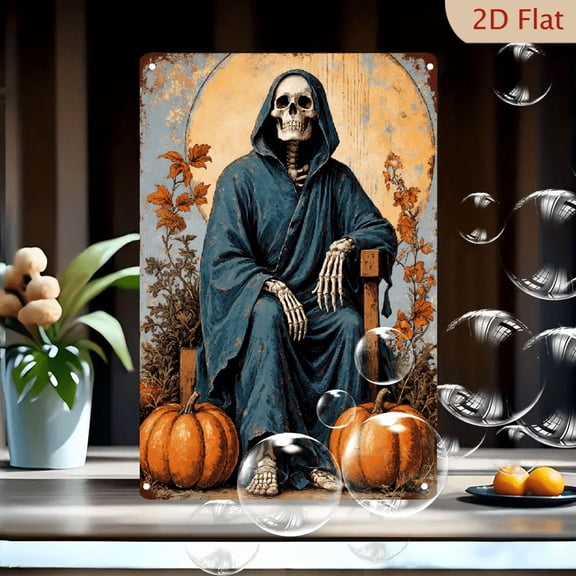 Vintage Halloween Wall Art, 8x12 Inch Metal Tin Sign Featuring Grim Reaper Skeleton in Blue Robe with Pumpkins and Sunburst, Autumnal Fall Decor for Home, Office, Bar, Party Supplies