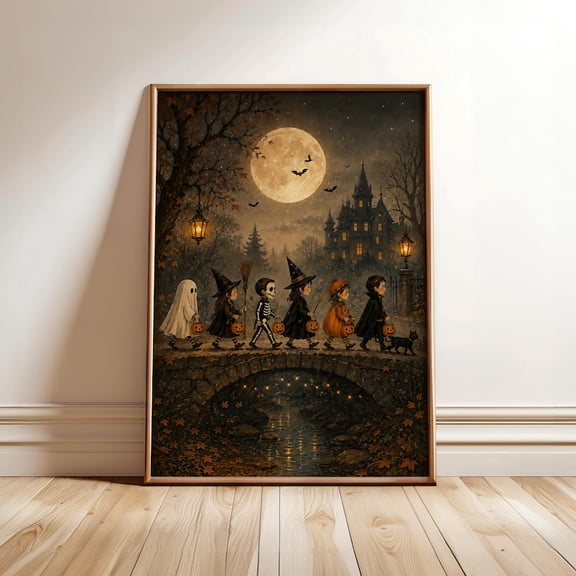 Vintage Halloween Wall Art, Trick or Treat Kids Print, Spooky Haunted House Poster, Witch Ghost Skeleton Pumpkin Fall Décor