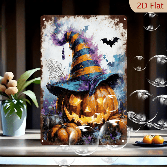 Vintage Halloween Watercolor Jack-o'-Lantern with Witch Hat and Bat 8x12in Metal Wall Art, Rustic Glowing Pumpkin Decor for Home Office
