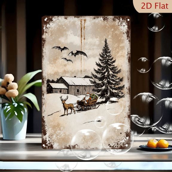Vintage Halloween Winter Rustic Farmhouse Santa Sleigh Reindeer Bat Poster, 8x12 Inches Metal Wall Art with Distressed Retro Texture and Weathered Edges