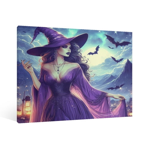 Vintage Halloween Witch and Bats Canvas Wall Art Painting,Horror Creepy Dark Poster, Halloween Gothic Artwork Picture Print Decor, Spooky Ghost Wall Decor for Bar Living Room Bedroom Party Framed ﻿
