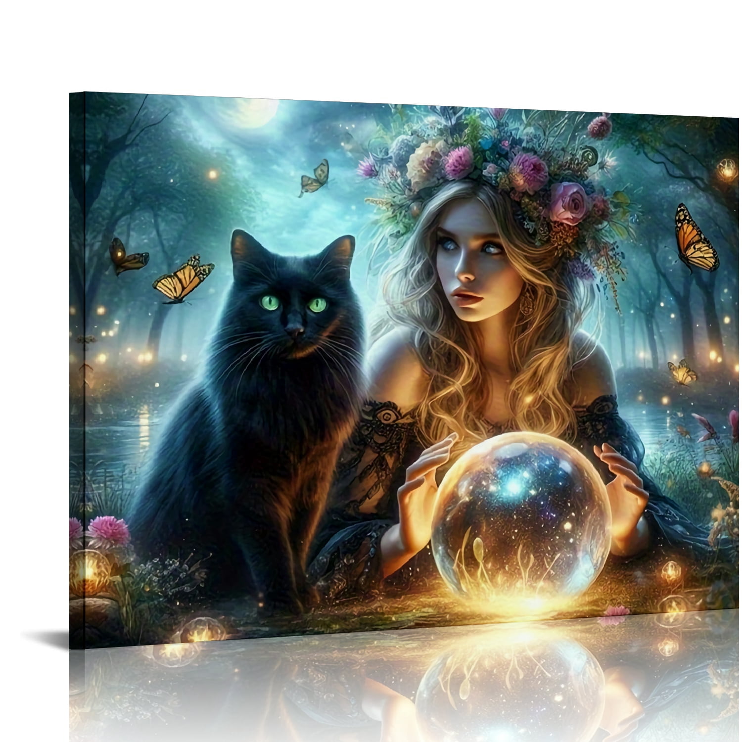 Vintage Halloween Witch, Black Cat Canvas Wall Art Painting ，Gothic ...