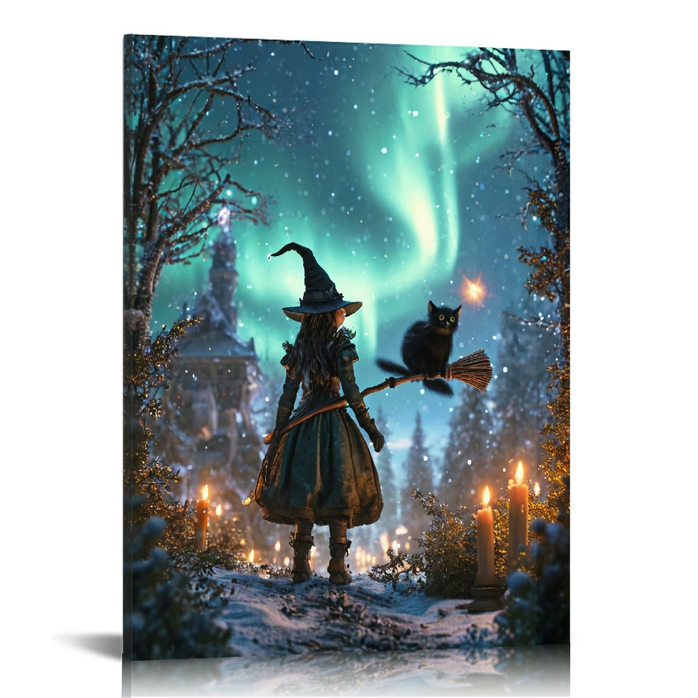 Vintage Halloween Witch, Black Cat Canvas Wall Art Painting ，Gothic ...