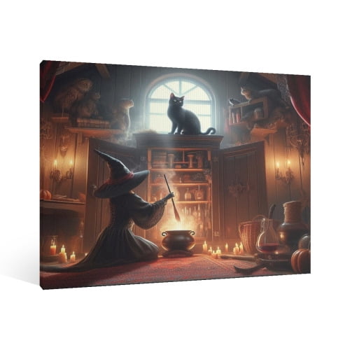 Vintage Halloween Witch, Black Cat Canvas Wall Art Painting, Retro Horror Creepy Dark Poster, Gothic Artwork Picture Print Decor,Spooky Ghost Wall Decor for Bar Living Room Bedroom Party Framed ﻿