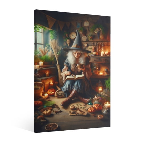 Vintage Halloween Witch Canvas Wall Art Painting ,Gothic Print Pictures for Home Wall Decor Retro Horror Creepy Dark Posters for Living Room Bedroom Bar Home Halloween Party Decor Framed