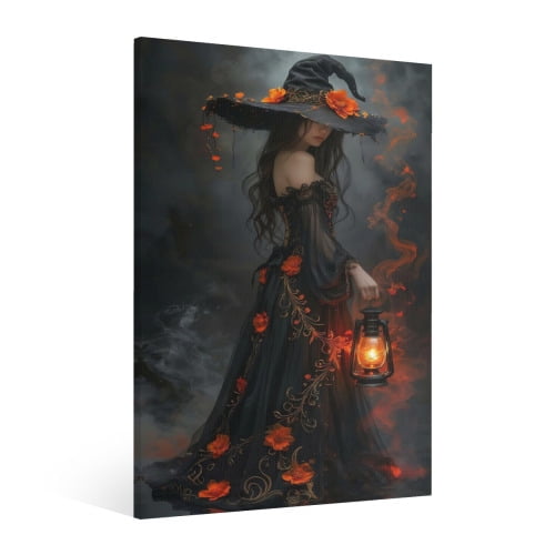Vintage Halloween Witch Canvas Wall Art Painting, Retro Horror Creepy Dark Poster, Halloween Gothic Artwork Picture Print Decor, Spooky Ghost Wall Decor for Bar Living Room Bedroom Party Framed