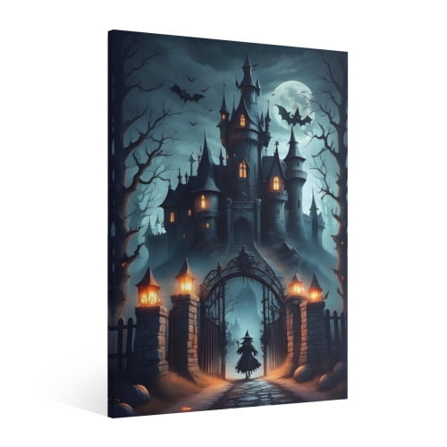 Vintage Halloween Witch, Castle Canvas Wall Art Painting,Retro Horror Creepy Dark Poster,Halloween Gothic Artwork Picture Print Decor, Spooky Ghost Wall Decor for Bar Living Room Bedroom Party Framed