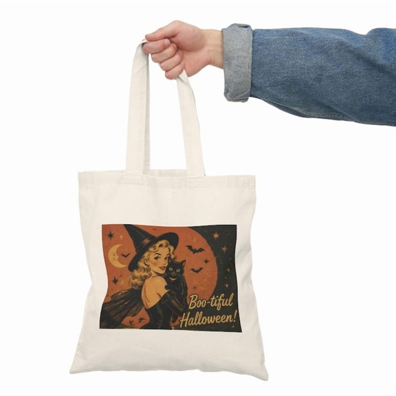 Vintage Halloween Witch Cat Tote Bag, Boo-tiful Halloween Graphic Reusable Canvas Shopping Bag, Retro Spooky Trick or Treat Tote for Women