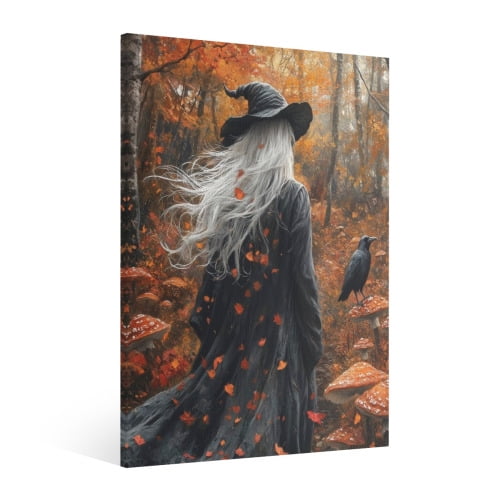 Vintage Halloween Witch Crow Canvas Wall Art Painting, Retro Horror Creepy Dark Poster, Halloween Gothic Artwork Picture Print Decor, Spooky Ghost Wall Decor for Bar Living Room Bedroom Party Framed