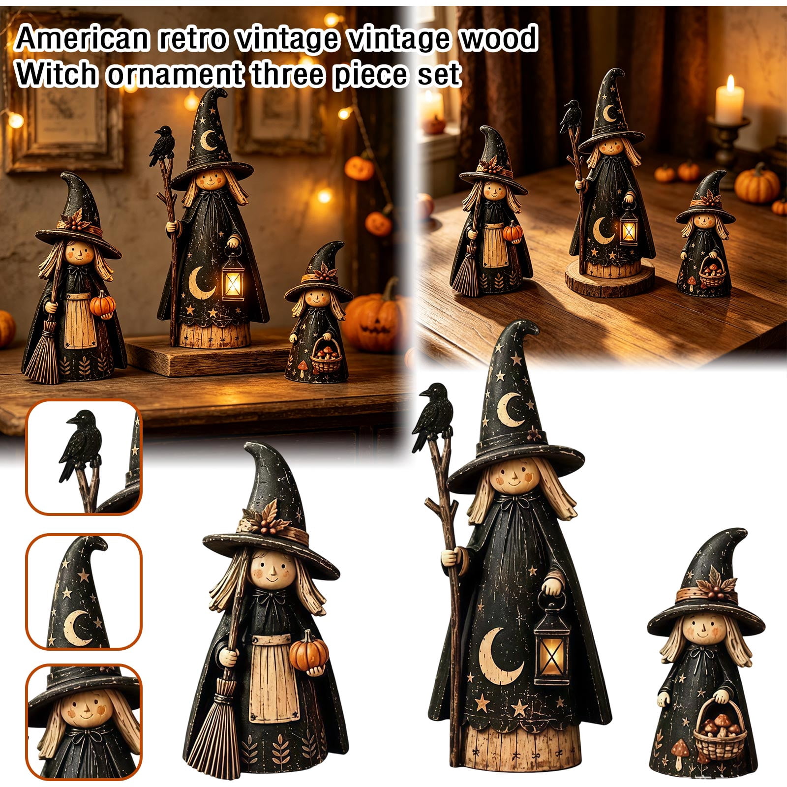 Vintage Halloween Witch Decorations Featuring Handcrafted Wooden Design