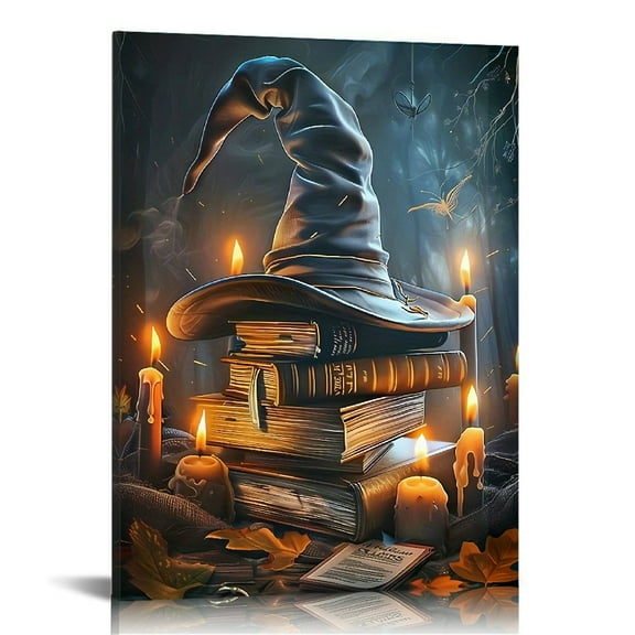 Vintage Halloween Witch Hat Canvas Wall Art Painting,Gothic Print Pictures for Home Wall Decor Retro Horror Creepy Dark Posters for Living Room Bedroom Bar Home Halloween Party Decor Framed
