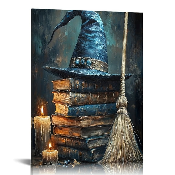 Vintage Halloween Witch Hat Canvas Wall Art Painting,Gothic Print Pictures for Home Wall Decor Retro Horror Creepy Dark Posters for Living Room Bedroom Bar Home Halloween Party Decor Framed 