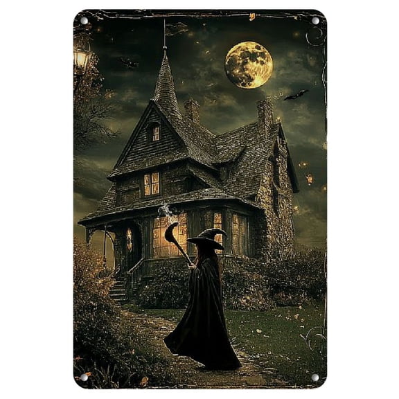 Vintage Halloween Witch Hat with Dark Castle Metal Sheet sign - 8x12 inches, durable iron wall trim for home, bedroom, living room, garden - easy hanging