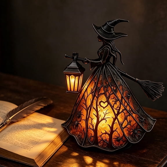 Vintage Halloween Witch Lantern , Witch Figurine Holding Lighted Lantern & Broom, Gothic Spooky Night Light For Indoor Mantel, Table, Party, Home Decoration Gift