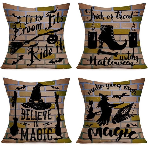 Vintage Halloween Witch Pillow Covers Pumpkin Trick or Treat Cat Bat Sorceress Broom Hat Boot Witchy Halloween Quotes Party Holiday Home Decor Pillows Cushion Cover Set of 4 16”x16”