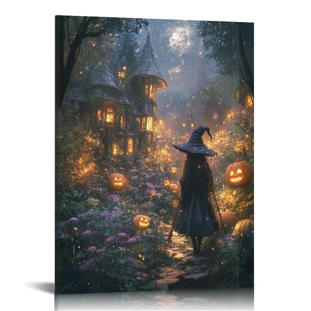 Vintage Halloween Witch and Pumpkin Hut Canvas Wall Art Painting ...