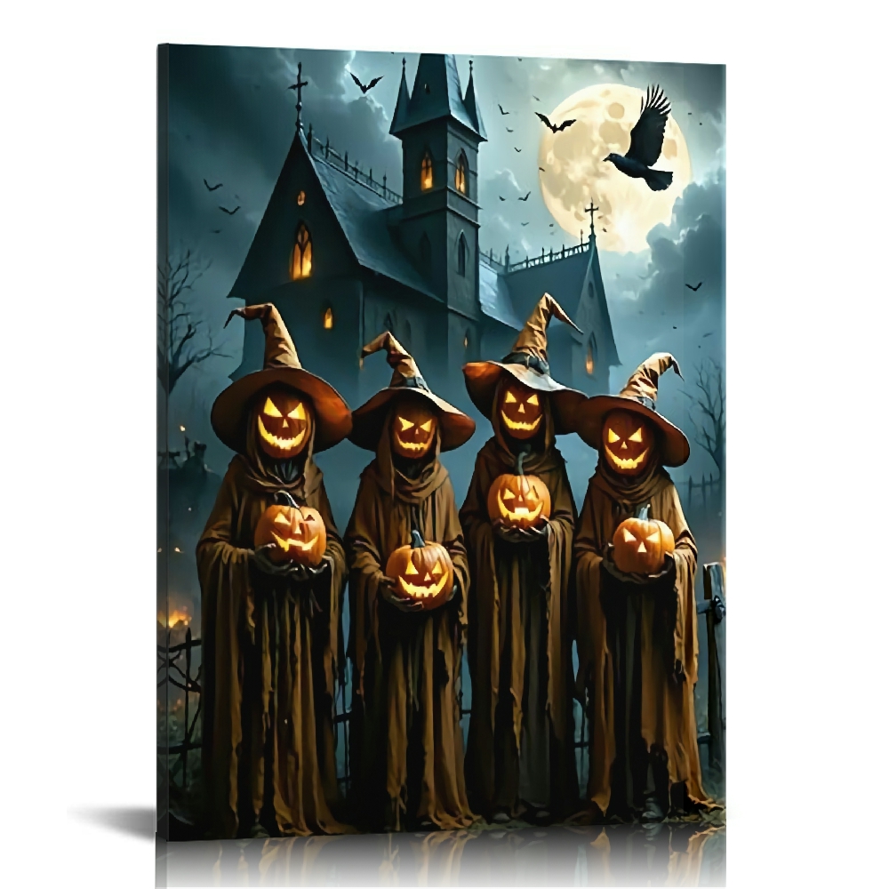 Vintage Halloween Witch and Pumpkin Lantern Canvas Wall Art Painting ...