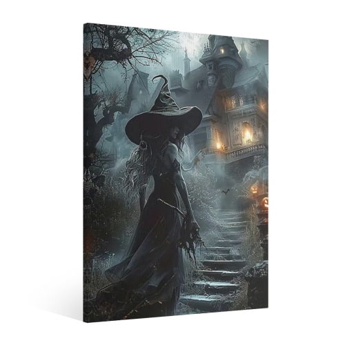 Vintage Halloween Witch, castle Canvas Wall Art Painting, Gothic Print Pictures for Home Wall Decor Retro Horror Creepy Dark Posters for Living Room Bedroom Bar Home Halloween Party Decor Framed