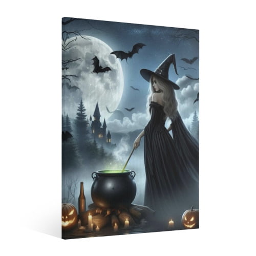 Vintage Halloween Witch, fireplace, and bat Canvas Wall Art Painting ,Gothic Print Pictures for Home Wall Decor Retro Horror Creepy Dark Posters for Living Room Bar Home Halloween Party Decor Framed