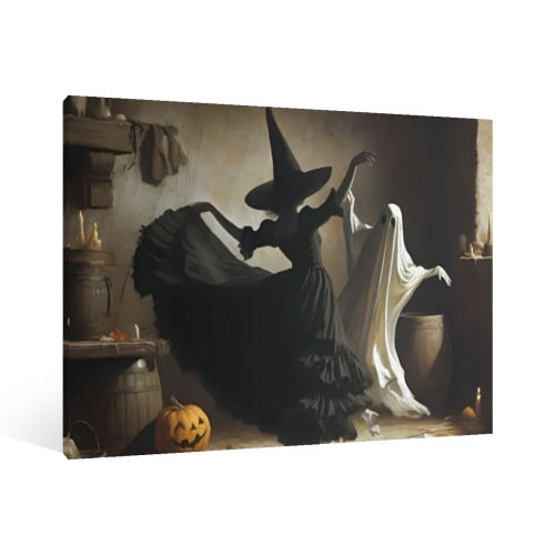 Vintage Halloween Witches and Ghosts Canvas Wall Art Painting, Gothic Print Pictures for Home Wall Decor Retro Horror Creepy Dark Posters for Living Room Bedroom Bar Home Halloween Party Decor Framed
