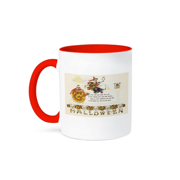 3dRose, Vintage Halloween with a Witch on a Broom and a Row of Owls , 15oz Two-Tone Red Mug