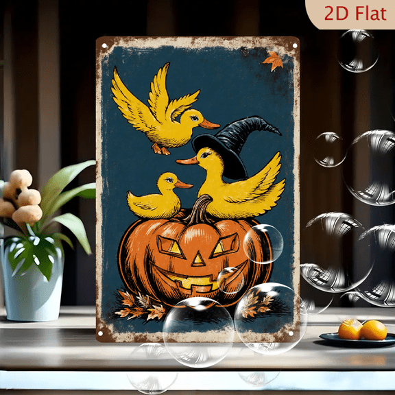 Vintage Halloween Woodcut Print 8x12 Inches, Three Yellow Ducks on Jack-o'-Lantern with Witch Hat, Retro Night Sky Wall Art for Home Decor